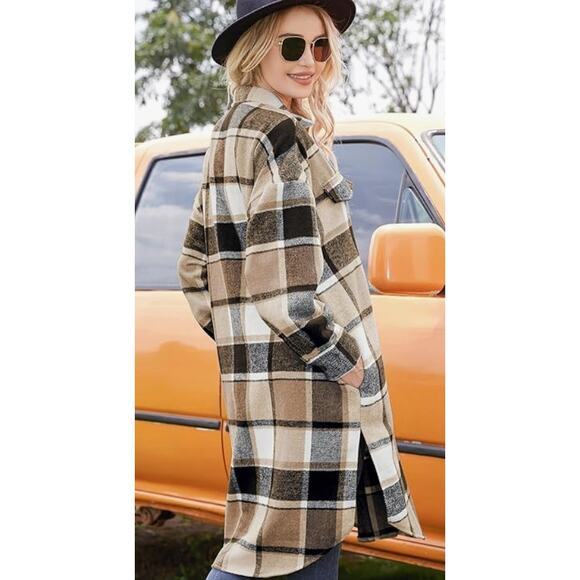 Plaid Shacket Button Wool Blend Long Tartan Trench Coat with Pockets SIZE SMALL - Picture 5 of 6